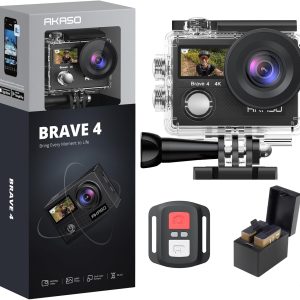AKASO Brave 4 4K30fps 20MP WiFi Action Camera Ultra Hd with EIS 131ft Waterproof Camera Remote Control 5xZoom Underwater Camcorder with 2 Batteries and Bicycle Helmet Accessories Kit