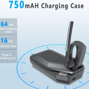 Conambo K10C Bluetooth Headset & Charging Case, Dual Mic Noise Canceling Mono Wireless Headset for Cellphone with up to 64Hrs Talk Time Hand-Free Bluetooth Earpiece for Trucker Business Office Work