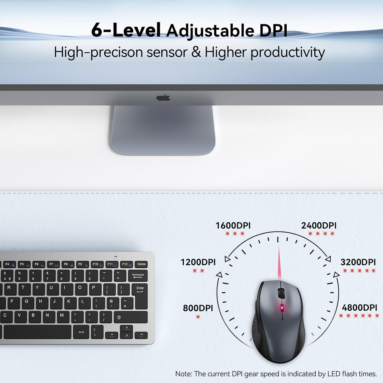 TECKNET Wireless Mouse, 2.4G USB Computer Mouse with 6-Level Adjustable 4800 DPI, 30 Months Battery, Ergonomic Grips, 6 Buttons Portable for PC, Chromebook, Mac – Grey